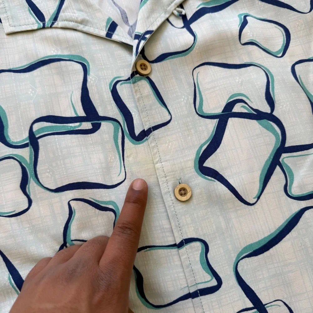 Tommy Bahama Button Down Men 3XL White Blue Silk Geometric Short Sleeve Shirt